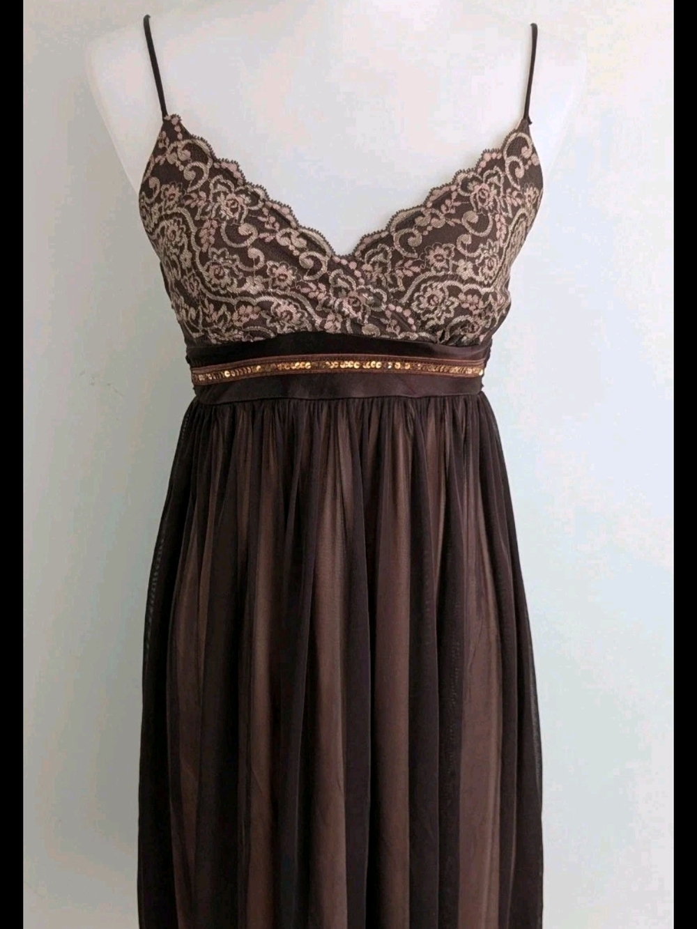Vintage 90s y2k Slip Dress Sheer Brown Babydoll Lace Whimsigoth Fairycore Small - Picture 2 of 10
